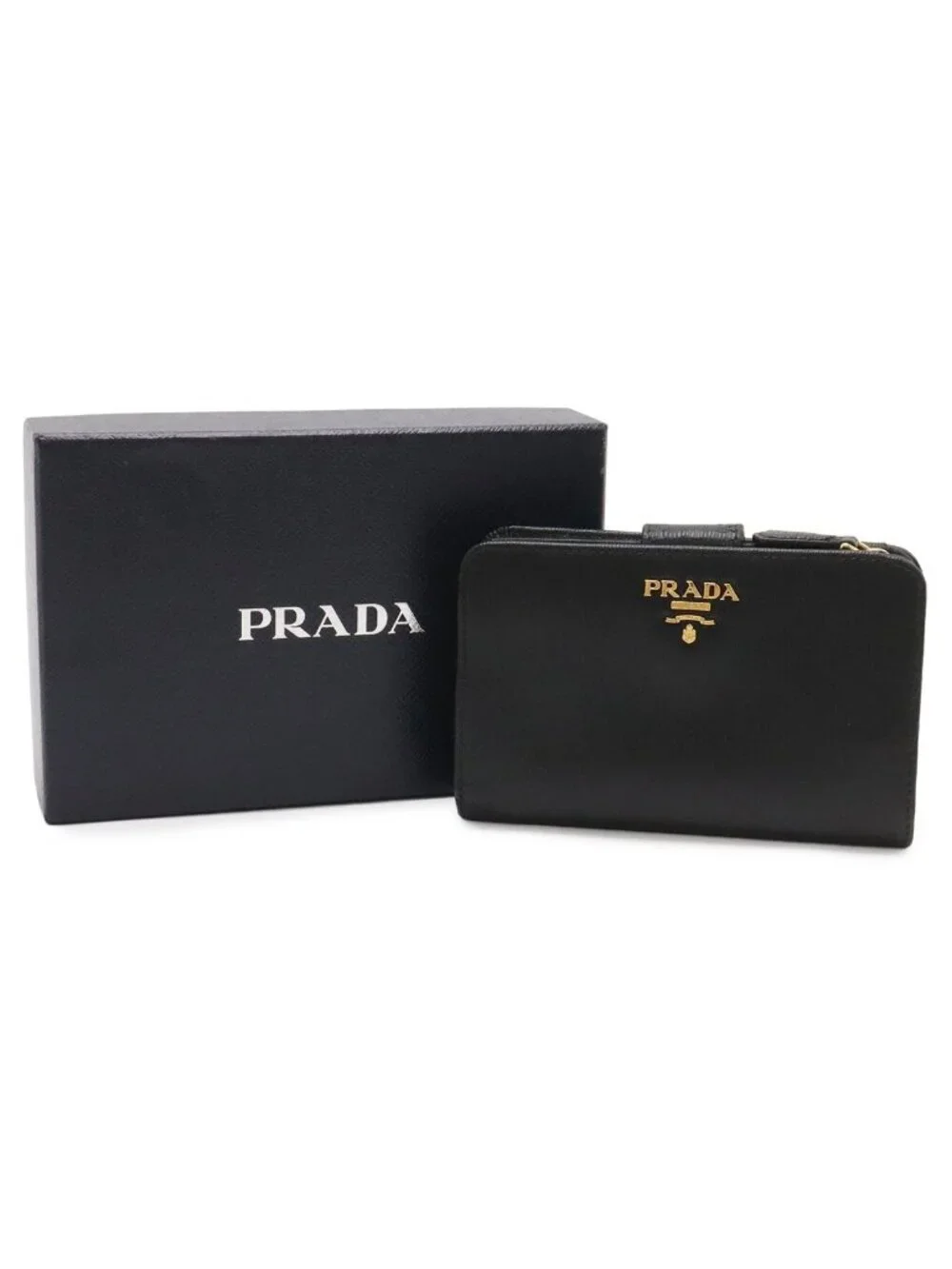 Prada Vitello Move Bifold Wallet L-shaped Zipper Leather Nero Black Gold